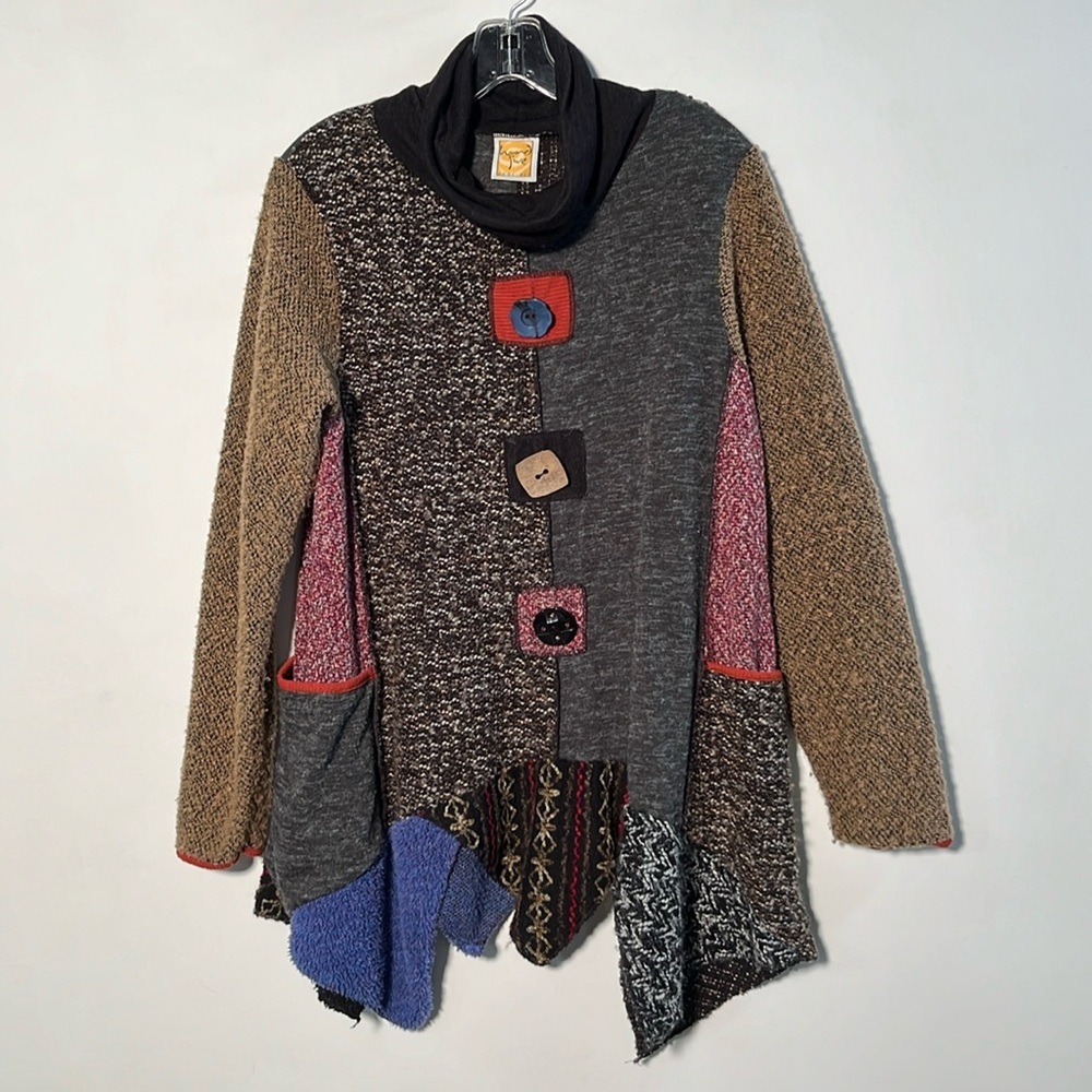 Hand Jive Wearable Art Lagenlook Artsy Cowl Neck Patchwork Handkerchief Tunic XS